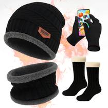 Kit Inverno Touca Gorro Com Cachecol Luva E Meia Térmica