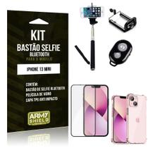 Kit iPhone 13 Mini 5.4 Bastão de Selfie Bluetooth + Capinha Anti Impacto + Película Vidro 3D -Armyshield