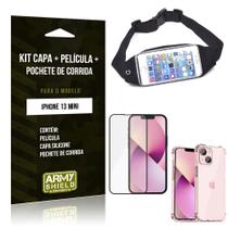 Kit iPhone 13 Mini 5.4 Pochete + Capinha Anti Impacto + Película de Vidro 3D - Armyshield