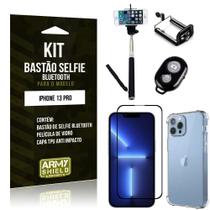 Kit iPhone 13 Pro 6.1 Bastão de Selfie Bluetooth + Capinha Anti Impacto + Película Vidro 3D -Armyshield