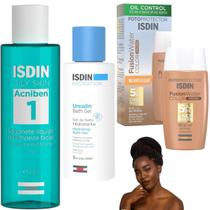 Kit Isdin Protetor Solar Cor Escura Gel Banho Sabonete Rosto Antioleosidade Banho Hidratante