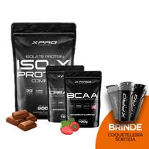 Kit ISO-X Protein Complex Refil Chocolate 900g + Aminoácido BCAA Morango 100g + Creatina em pó Refil de 100g - XPro Nutrition