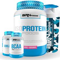 Kit IsoProtein Foods 900g + Creatine Foods 100% 300g + BCAA 100g Tangerina+ Coqueteleira BRNFOODS