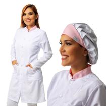 Kit Jaleco feminino com detalhe rosa + Touca Blanco Raro