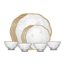 Kit Jantar Pratos Raso 27cm Sobremesa 20cm e Tigela 12cm Cristal Transparente Fio De Ouro