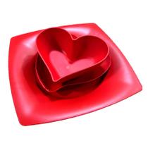 Kit jantar romantico casal vermelho 2 pratos refeição 2 pratos sobremesa coração 2 cumbuca coração