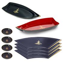 Kit Japonês Oriental Com 4 Prato 4 Molheira E 2 Barcos Kit Japonês Oriental Com 4 Prato 4 Molheira E 2 Barcos