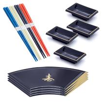 Kit Japonês Oriental P/4 Pessoas Prato Leque Hashi Molheira