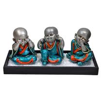 Kit Jardim Zen Buda Não Vejo/Escuto/Falo Na Madeira Preta