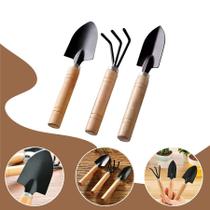 Kit Jardinagem Profissional 3 Peças Mini Pá Ancinho E Transplantador Cabo De Madeira Ergonômico Conjunto De Ferramentas