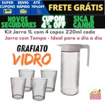 Kit Jarra 1L com 4 copos 220ml cada, Jarra com Tampa - Ideal para o dia a dia