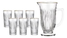 Kit Jarra 6 Copos De Vidro Com Borda Dourada Lila hauskraft Kit Jarra 6 Copos De Vidro Com Borda Dourada Lila hauskraft