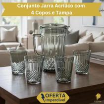Kit Jarra Acrílica 2L Com Tampa 4 Copos Design Cristal Premium Elegante Para Suco e Água