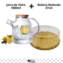 Kit Jarra Chaleira Bule de Vidro 1.8L + Boleira Redonda Porta Bolo Bambu com Tampa