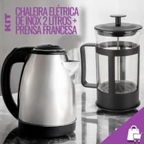 kit Jarra Chaleira Elétrica de Inox 2 Litros + Cafeteira Prensa Francesa