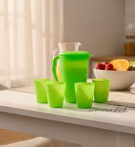 Kit Jarra de Água e Suco Com 4 Copos 300ml Ondulados Plástico Linha Neon