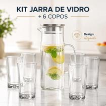 Kit Jarra de Vidro Borossilicato 1L com Tampa em Inox 6 Copos de Vidro 300ml Elegante e Resistente Kit Jarra de Vidro Borossilicato 1L com Tampa em Inox 6 Copos de Vidro 300ml Elegante e Resistente