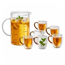Kit Jarra de Vidro Borossilicato 1L + Xícaras Copos Parede Dupla 350ml Kit Jarra de Vidro Borossilicato 1L + Xícaras Copos Parede Dupla 350ml