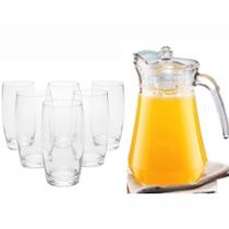 Kit Jarra de Vidro com Tampa 1.6L + 6 Copos Vidro 300ml Oca