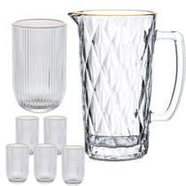Kit Jarra De Vidro Diamond 1L + 6 Copos 460ml Borda De Ouro