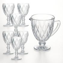 Kit Jarra e 06 Taças Diamante Vidro Transparente Mesa Posta