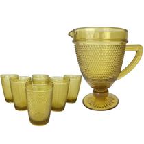 Kit Jarra e 6 Copos de Vidro Bolinhas Amarelo Âmbar Mesa Kit Jarra e 6 Copos de Vidro Bolinhas Amarelo Âmbar Mesa