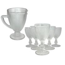 Kit Jarra e 6 Taças Vidro Transparente Bico de Jaca Mesa