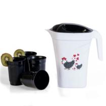 Kit Jarra Retangular Com Tampa + 4 Copos Preto Galinha Carijó