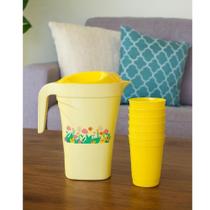 Kit Jarra Retangular Com Tampa + 6 Copos Amarelos Flores