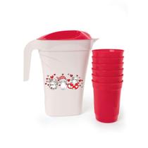 Kit Jarra Retangular Com Tampa + 6 Copos Vermelho Gatinhos