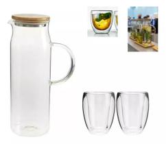 Kit Jarra Suco Tampa Bambu Vidro 1,5 L 04 Copos Parede Duplo