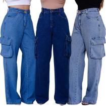 Kit Jeans de 3 Calças Wide Leg Feminina Premium de Bolso Mochila New Kit Jeans de 3 Calças Wide Leg Feminina Premium de Bolso Mochila New