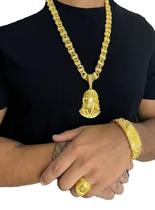 Kit Jesus Cristo Cordão Dubai Cravejado 13mm + Pingente + Bracelete 15mm + Anel - Banhado a Ouro 18k