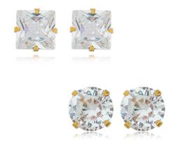 Kit Joana - 2 Brincos Ponto De Luz Círculo + Quadrado Banhado em Ouro 18k