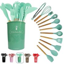 Kit Jogo 12 Peças Utensílios De Silicone Para Cozinha Com Cabo De Madeira + Balde - Linha Kitchen - HOME IMPORTS