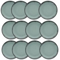 Kit Jogo 12 Pratos Rasos Moderno Verde Pacífico Oxford 26 cm Cerâmica