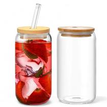 Kit Jogo 2 Copos Com Tampa De Bambú E Canudo de Vidro 450ml