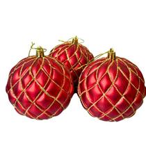 Kit jogo 3 bolas decorativas de natal em pvc vermelho e dourado 10cm florarte r.02103