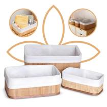 Kit Jogo 3 Cestos Organizadores De Bambu Multiuso Com Forro Removível e Lavável Kit Jogo 3 Cestos Organizadores De Bambu Multiuso Com Forro Removível e Lavável