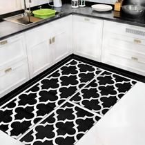 Kit Jogo 3 Peças Tapetes Passadeira Cozinha Antiderrapante Desenho Do Tecido Arabesco Preto