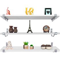 Kit Jogo 3 Prateleiras De Parede Madeira MDP 60cm x 15cm Prata e Branca Kit Jogo 3 Prateleiras De Parede Madeira MDP 60cm x 15cm Prata e Branca