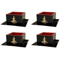 Kit Jogo 4 Copos Sake Saque Massu Pequeno Ideograma Japonês 65ml Preto