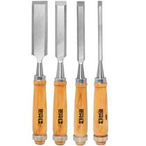 Kit Jogo 4 Formão Em Aço Profissional Cabo De Madeira Chanfrado Esculpir