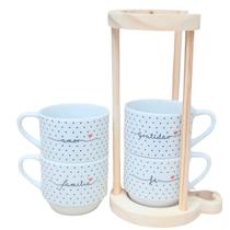 Kit Jogo 4 Xicaras Café Chá hotel 200ml Empilháveis com suporte pinus - Poá Preto Frases