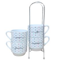 Kit Jogo 4 Xicaras Café Chá hotel 200ml Empilháveis com suporte - Poá Colorido Frases