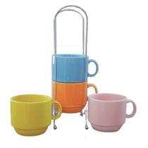 Kit Jogo 4 Xicaras Café/Chá hotel 200ml Empilháveis com suporte - Porcelana Colorida