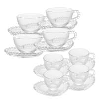Kit Jogo 4 Xícaras de Café 85ml + 4 Xícaras de Chá 180ml com Pires de Cristal Coração Pearl - Wolff Kit Jogo 4 Xícaras de Café 85ml + 4 Xícaras de Chá 180ml com Pires de Cristal Coração Pearl - Wolff