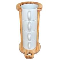 Kit Jogo 4 Xícaras de Café/Chá Empilháveis com Suporte em Pinus - Porcelana Branca - 200ml