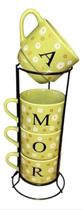 Kit Jogo 4 Xicaras Empilhadas Verde Amor Café Chá Suporte Kit Jogo 4 Xicaras Empilhadas Verde Amor Café Chá Suporte