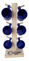 Kit Jogo 6 Xícara Azul Café Suporte Madeira Mesa Cozinha